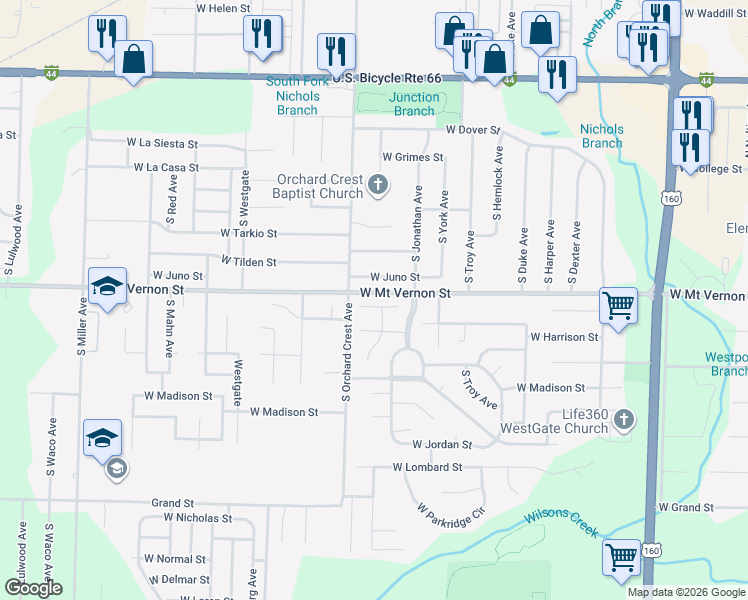 map of restaurants, bars, coffee shops, grocery stores, and more near 4047 West Watkins Street in Springfield