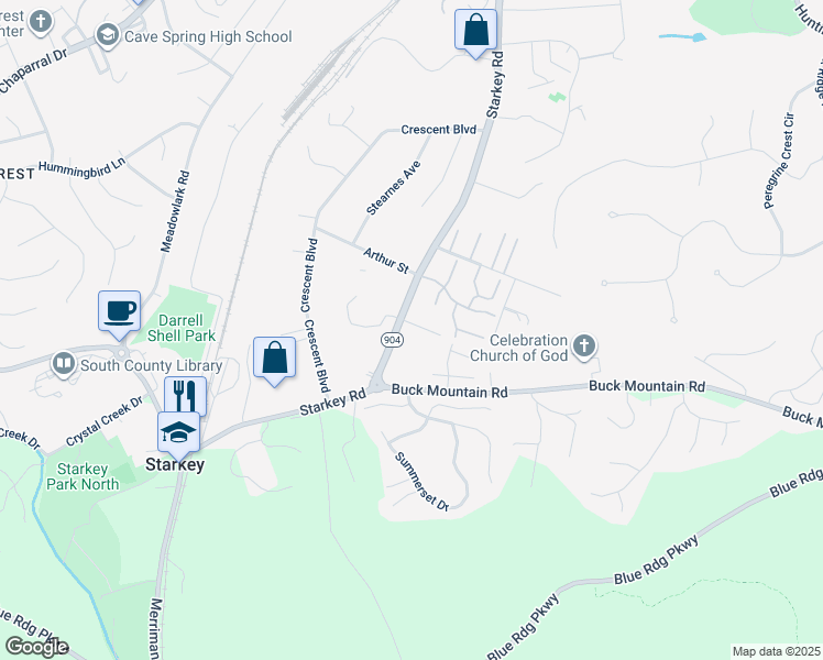 map of restaurants, bars, coffee shops, grocery stores, and more near 5615 Rockbridge Court in Roanoke