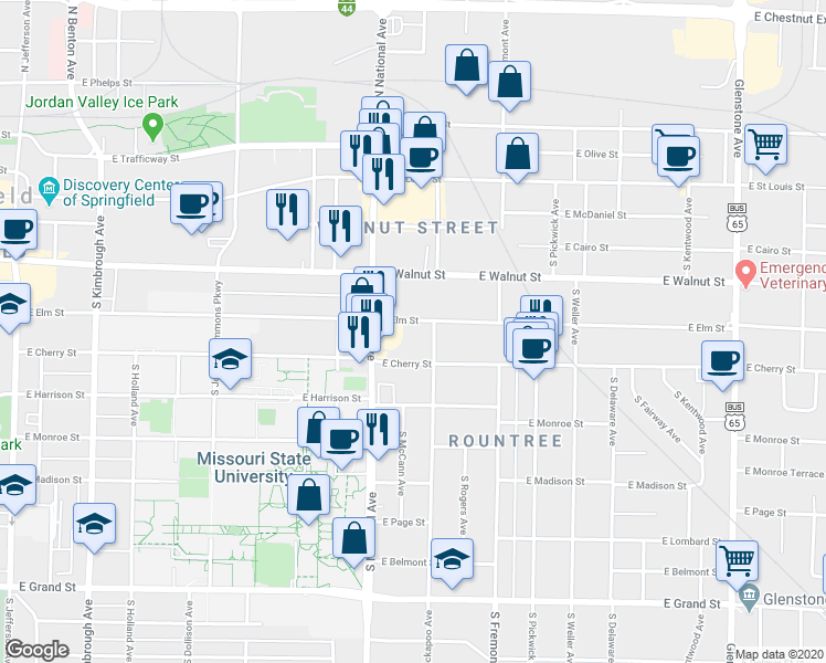 map of restaurants, bars, coffee shops, grocery stores, and more near 1242 East Elm Street in Springfield