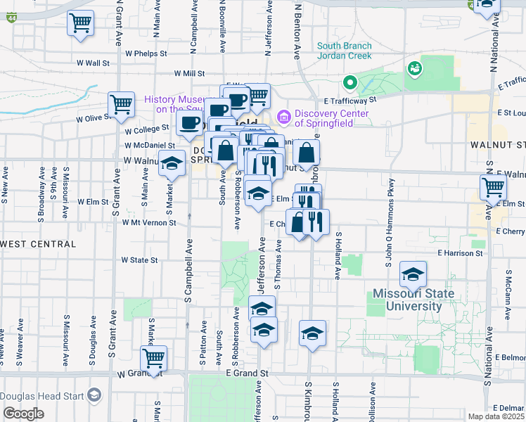 map of restaurants, bars, coffee shops, grocery stores, and more near 520 South Jefferson Avenue in Springfield