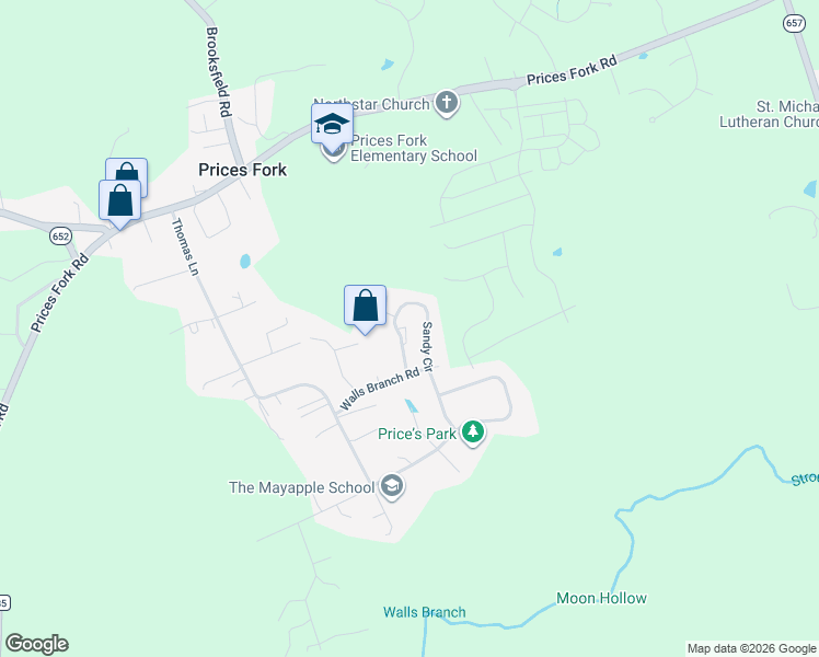 map of restaurants, bars, coffee shops, grocery stores, and more near 1504 Sandy Circle in Blacksburg