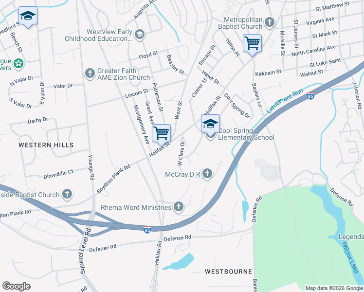 map of restaurants, bars, coffee shops, grocery stores, and more near 1517 West Clara Drive in Petersburg