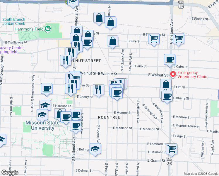 map of restaurants, bars, coffee shops, grocery stores, and more near 1404 East Elm Street in Springfield