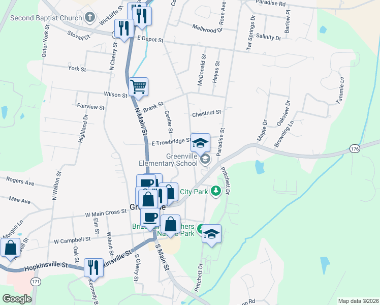 map of restaurants, bars, coffee shops, grocery stores, and more near 131 College Street in Greenville
