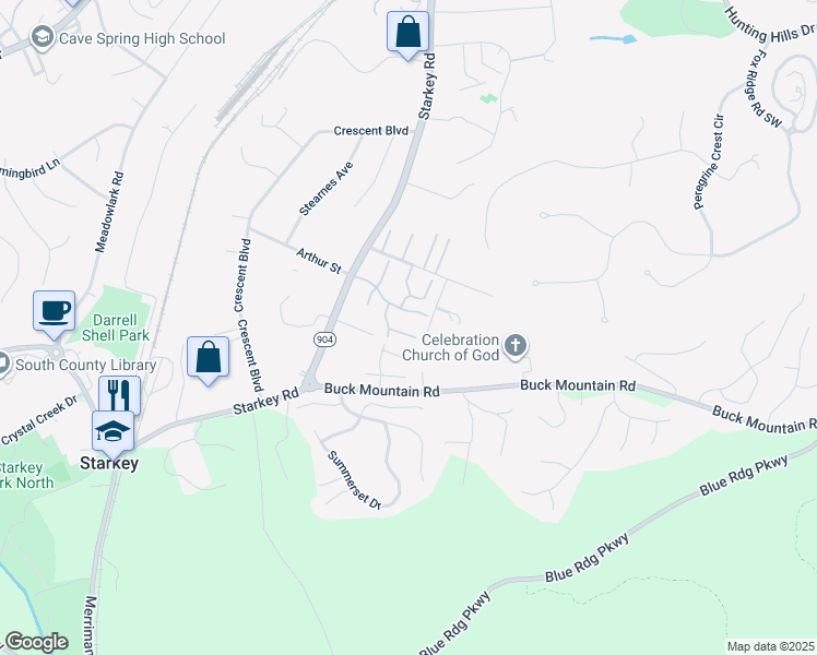 map of restaurants, bars, coffee shops, grocery stores, and more near 7324 Maple Court Southwest in Cave Spring