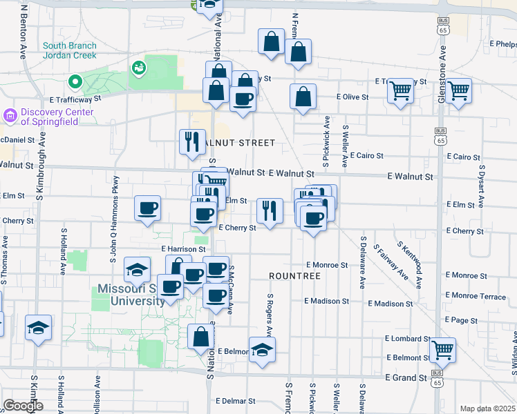 map of restaurants, bars, coffee shops, grocery stores, and more near 1302 East Elm Street in Springfield
