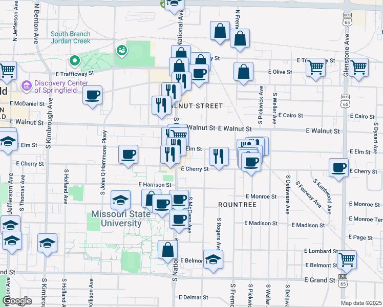 map of restaurants, bars, coffee shops, grocery stores, and more near 1244 East Elm Street in Springfield