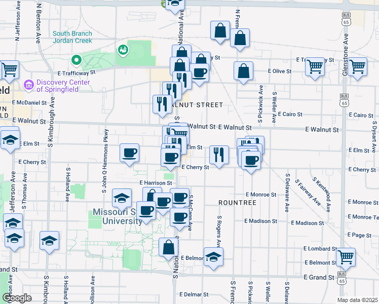 map of restaurants, bars, coffee shops, grocery stores, and more near 1244 East Elm Street in Springfield