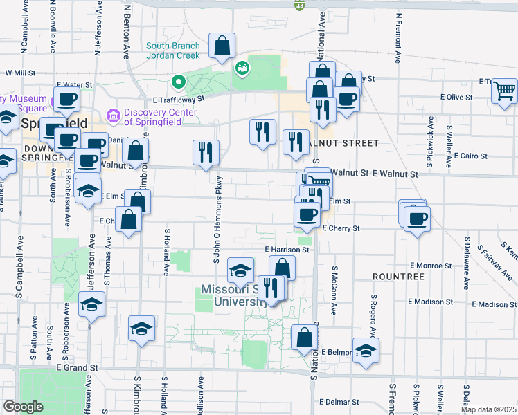 map of restaurants, bars, coffee shops, grocery stores, and more near 1043 East Cherry Street in Springfield