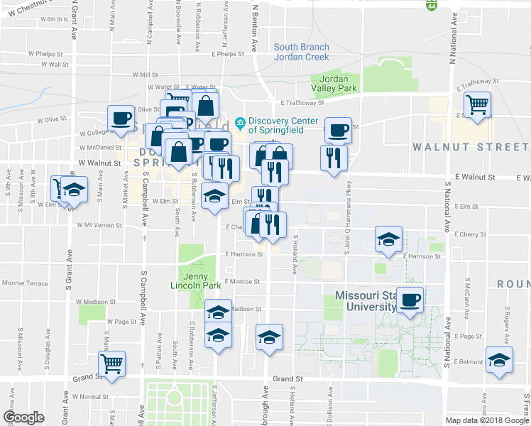 map of restaurants, bars, coffee shops, grocery stores, and more near 609 East Cherry Street in Springfield