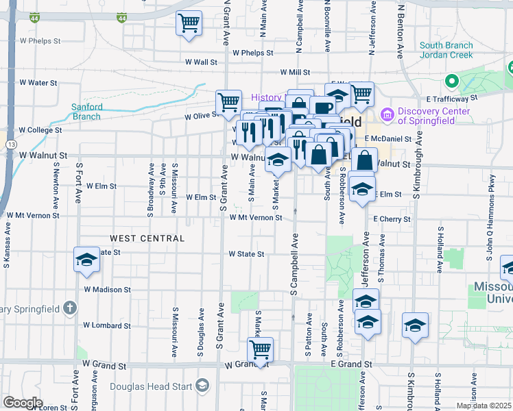 map of restaurants, bars, coffee shops, grocery stores, and more near 603 West Mount Vernon Street in Springfield