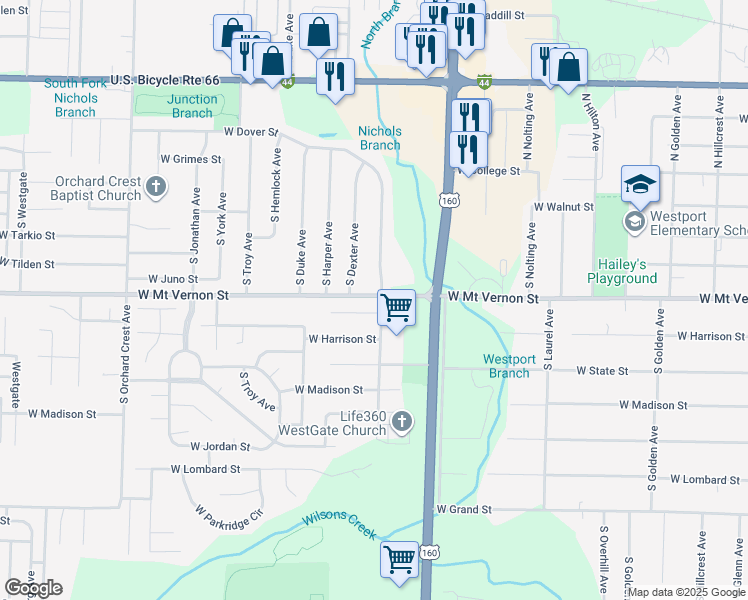 map of restaurants, bars, coffee shops, grocery stores, and more near 3637 West Watkins Street in Springfield
