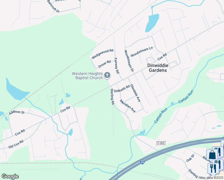 map of restaurants, bars, coffee shops, grocery stores, and more near 2511 Sterling Road in Petersburg