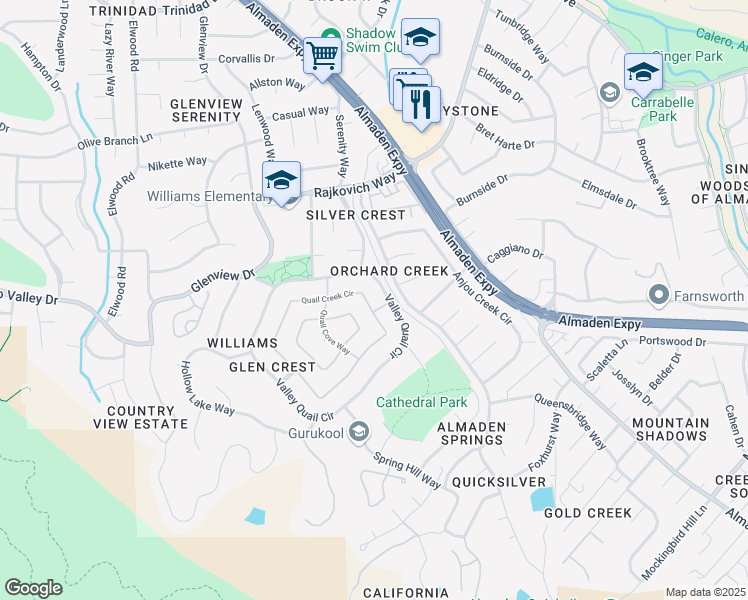 map of restaurants, bars, coffee shops, grocery stores, and more near 1194 Quail Creek Circle in San Jose