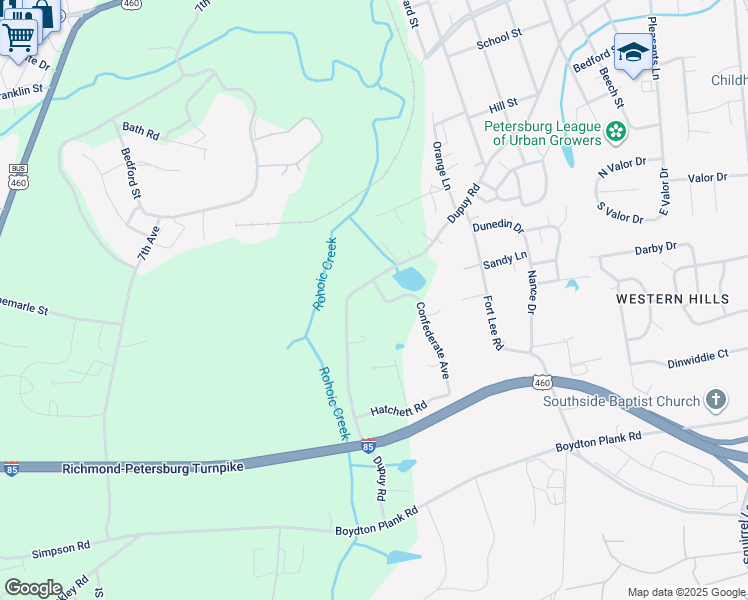 map of restaurants, bars, coffee shops, grocery stores, and more near 622 Confederate Avenue in Petersburg