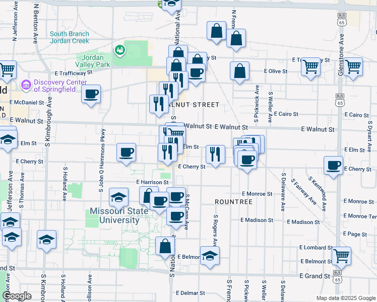 map of restaurants, bars, coffee shops, grocery stores, and more near 1234 East Elm Street in Springfield