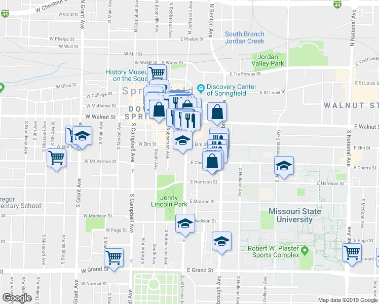 map of restaurants, bars, coffee shops, grocery stores, and more near 520 South Jefferson Avenue in Springfield