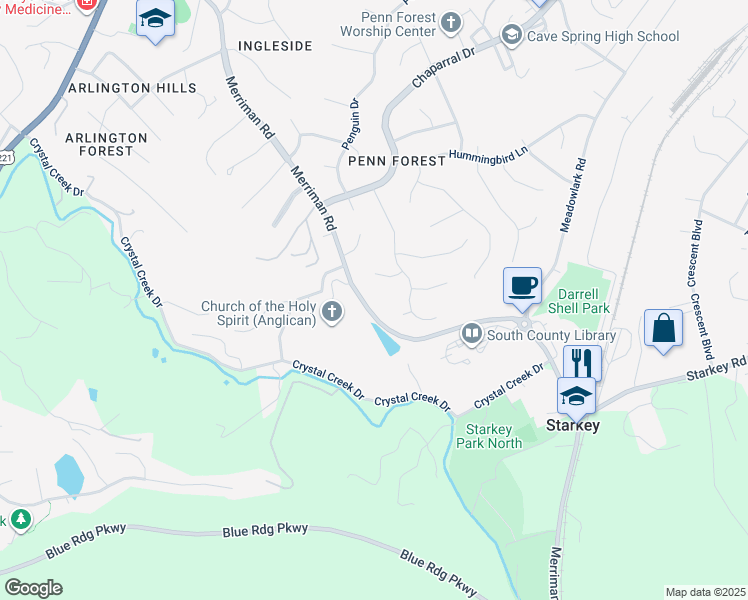 map of restaurants, bars, coffee shops, grocery stores, and more near 6030 Merriman Road in Cave Spring