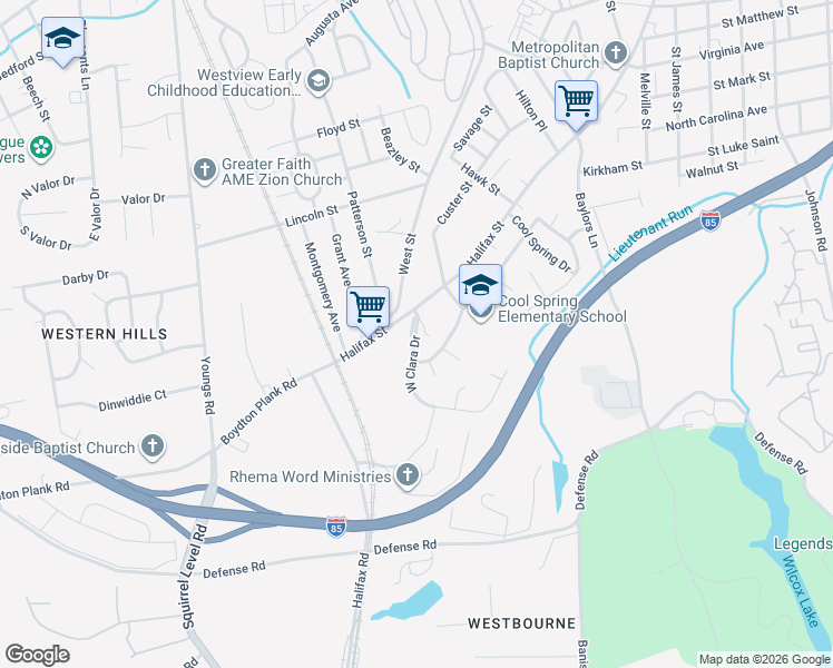 map of restaurants, bars, coffee shops, grocery stores, and more near 1517 West Clara Drive in Petersburg