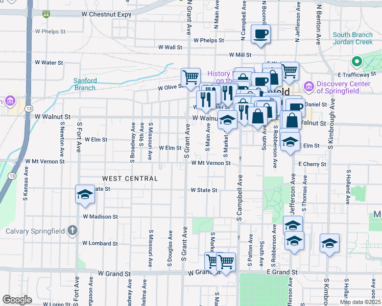 map of restaurants, bars, coffee shops, grocery stores, and more near 506 South Grant Avenue in Springfield