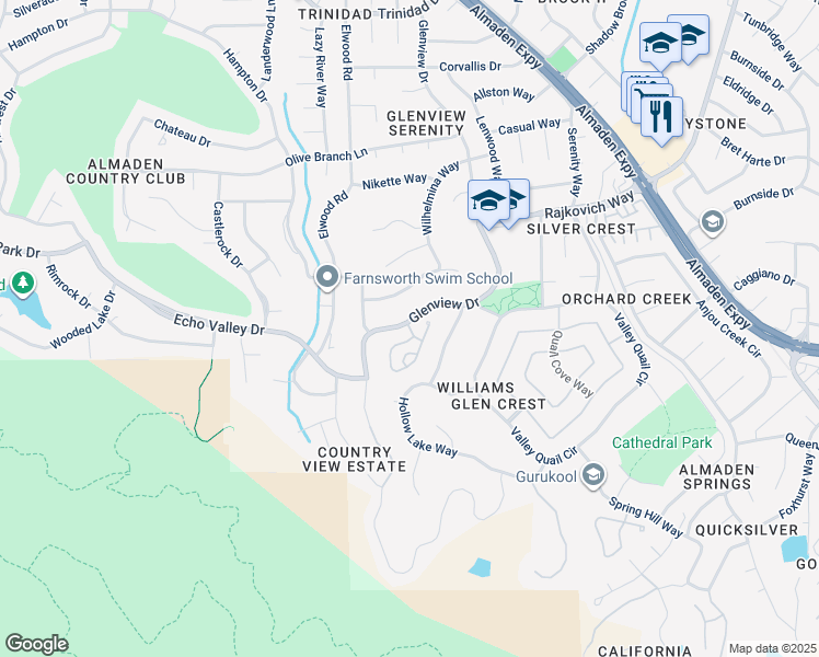 map of restaurants, bars, coffee shops, grocery stores, and more near 1140 Mallard Ridge Drive in San Jose