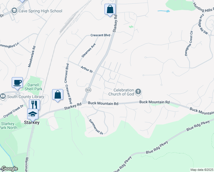 map of restaurants, bars, coffee shops, grocery stores, and more near 7308 Maple Court Southwest in Roanoke