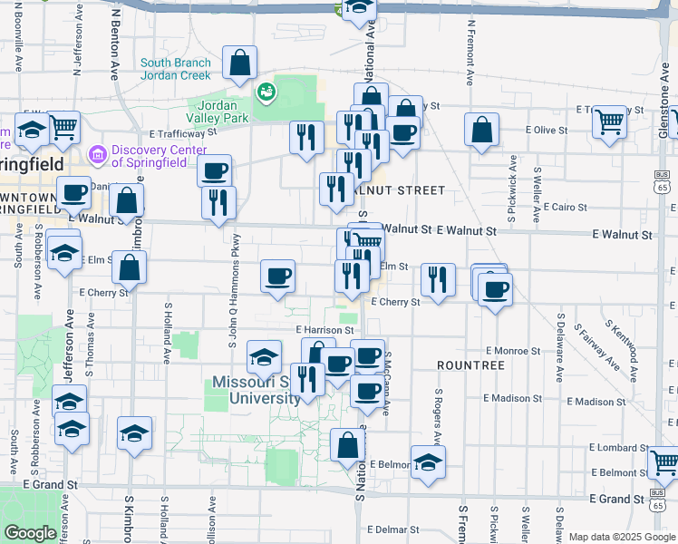 map of restaurants, bars, coffee shops, grocery stores, and more near 523 South Florence Avenue in Springfield