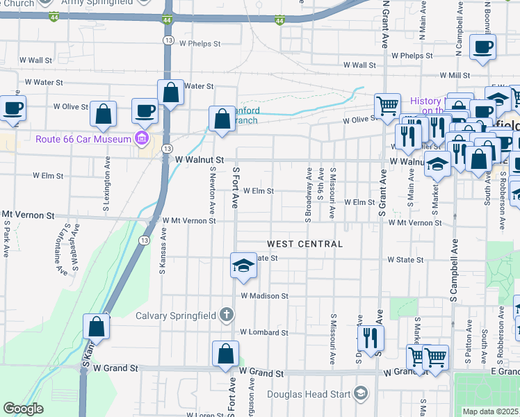 map of restaurants, bars, coffee shops, grocery stores, and more near 1105 West Mount Vernon Street in Springfield