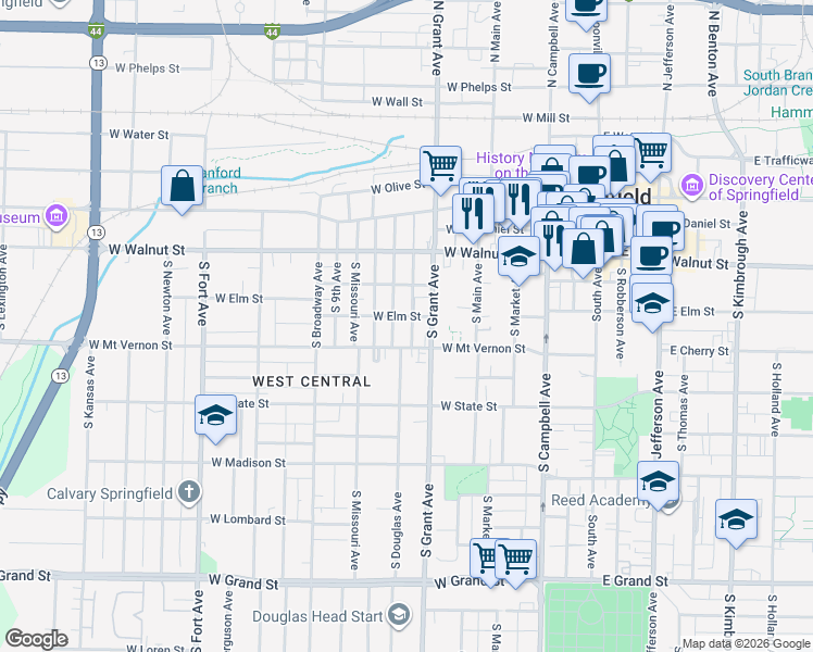 map of restaurants, bars, coffee shops, grocery stores, and more near 727 West Mount Vernon Street in Springfield