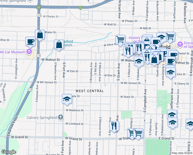map of restaurants, bars, coffee shops, grocery stores, and more near 929 West Mount Vernon Street in Springfield