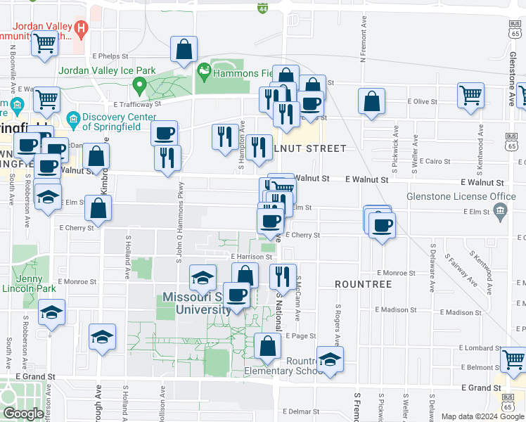 map of restaurants, bars, coffee shops, grocery stores, and more near 1142 East Elm Street in Springfield