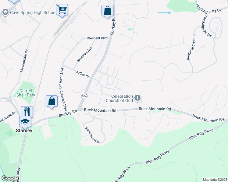 map of restaurants, bars, coffee shops, grocery stores, and more near 5646 Southern Pines Dr in Roanoke