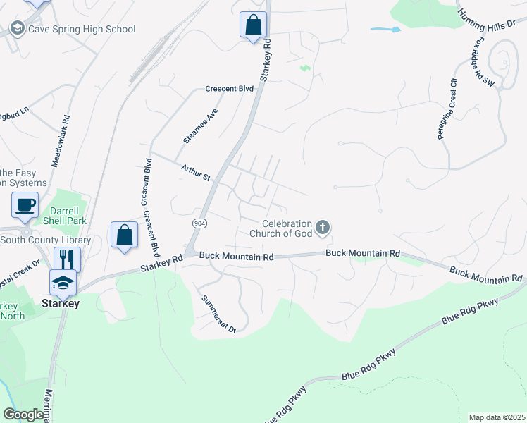 map of restaurants, bars, coffee shops, grocery stores, and more near 5646 Southern Pines Dr in Roanoke