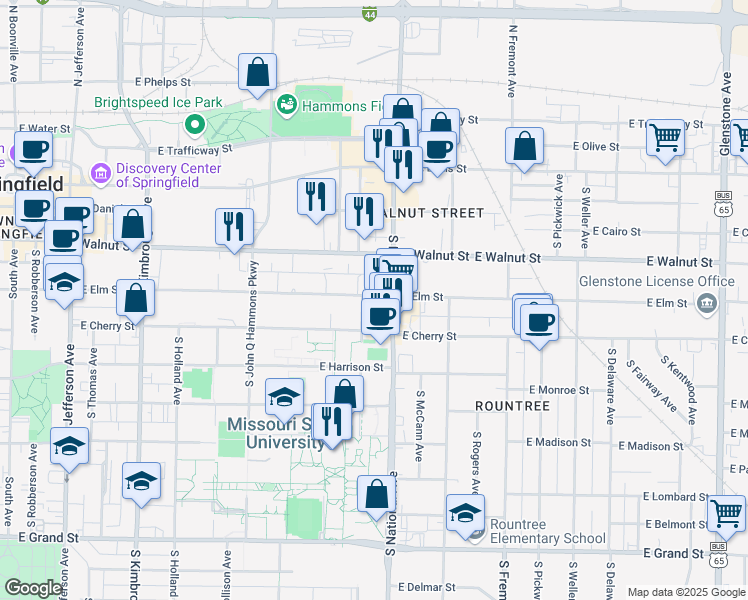 map of restaurants, bars, coffee shops, grocery stores, and more near 523 South Florence Avenue in Springfield
