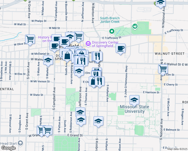 map of restaurants, bars, coffee shops, grocery stores, and more near 507 East Cherry Street in Springfield