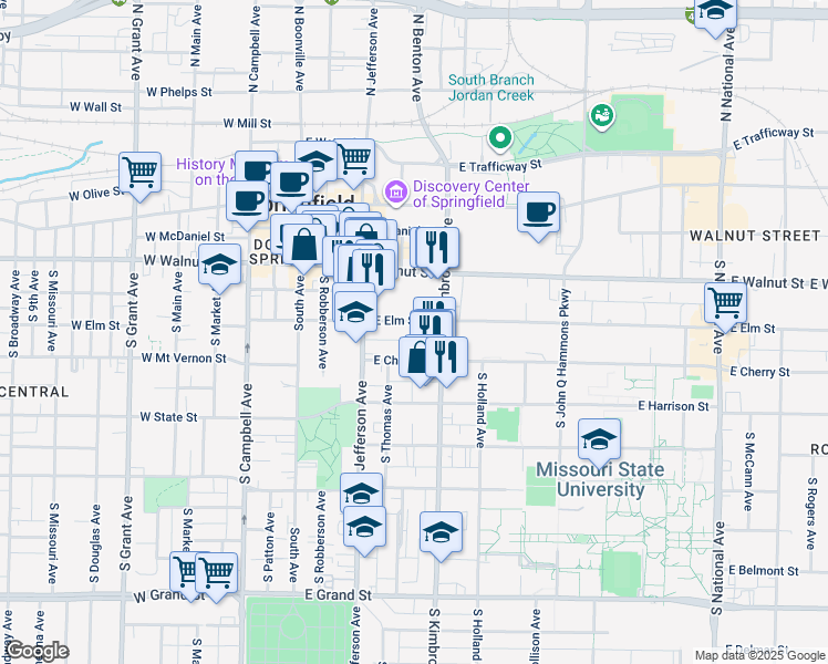 map of restaurants, bars, coffee shops, grocery stores, and more near 507 East Cherry Street in Springfield