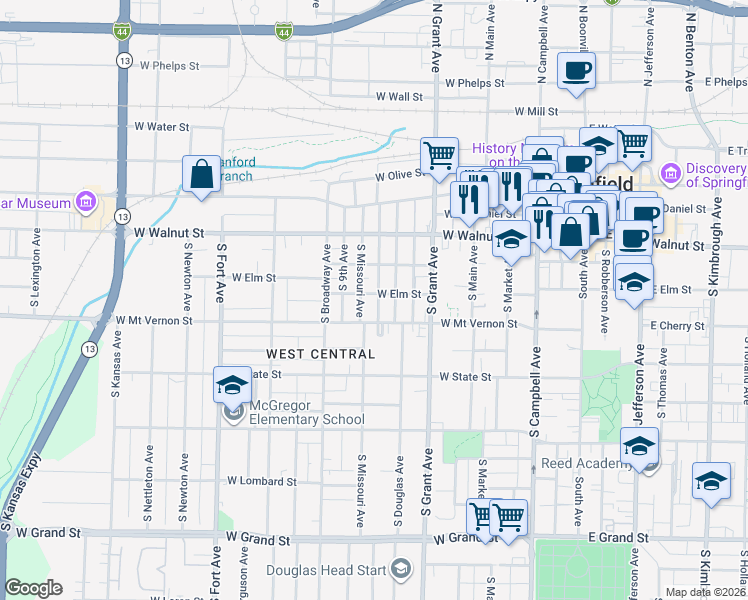 map of restaurants, bars, coffee shops, grocery stores, and more near 831 West Mount Vernon Street in Springfield