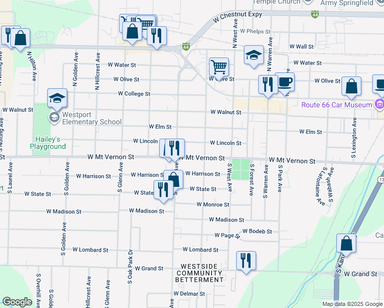 map of restaurants, bars, coffee shops, grocery stores, and more near 2627 West Mount Vernon Street in Springfield