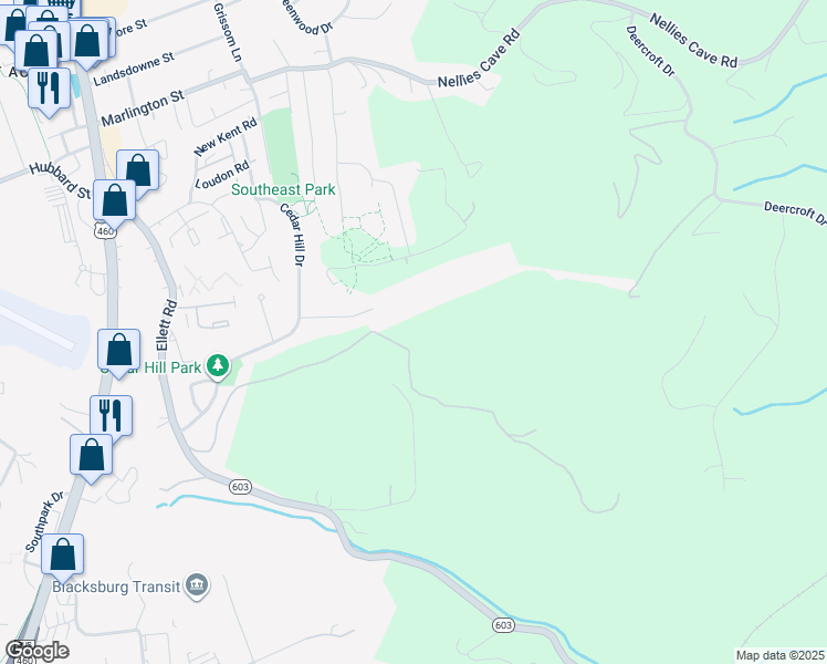 map of restaurants, bars, coffee shops, grocery stores, and more near 1460 High Knob Lane in Blacksburg