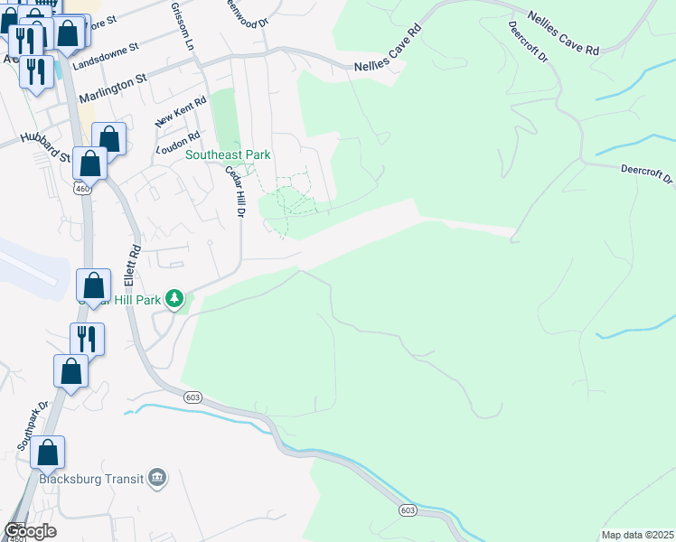 map of restaurants, bars, coffee shops, grocery stores, and more near 1460 High Knob Lane in Blacksburg