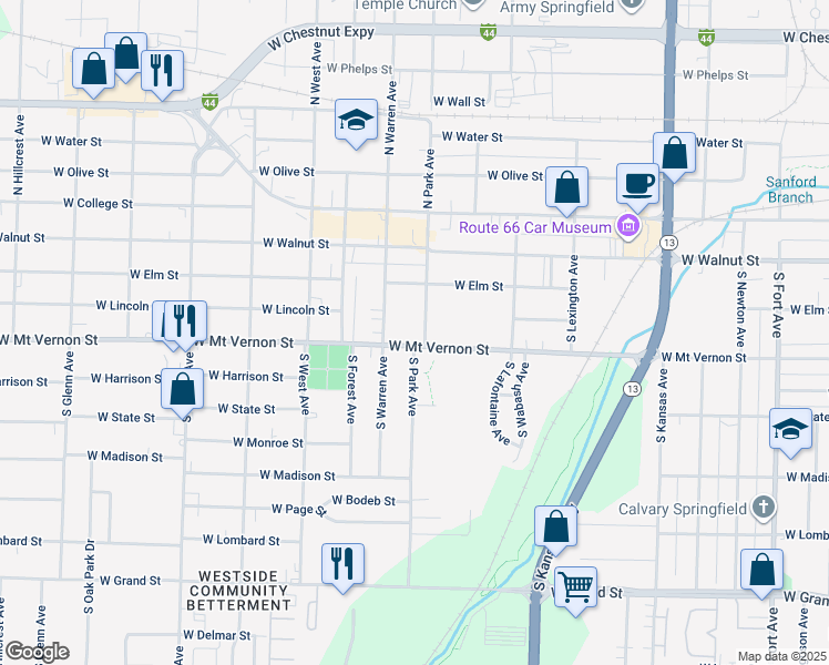 map of restaurants, bars, coffee shops, grocery stores, and more near 2206 West Mount Vernon Street in Springfield