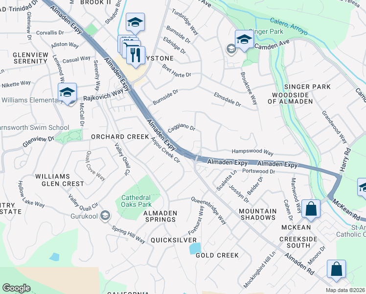 map of restaurants, bars, coffee shops, grocery stores, and more near 7121 Sheehan Court in San Jose