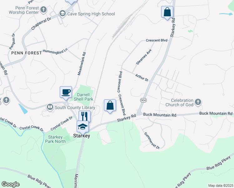 map of restaurants, bars, coffee shops, grocery stores, and more near 5705 Crescent Boulevard in Cave Spring