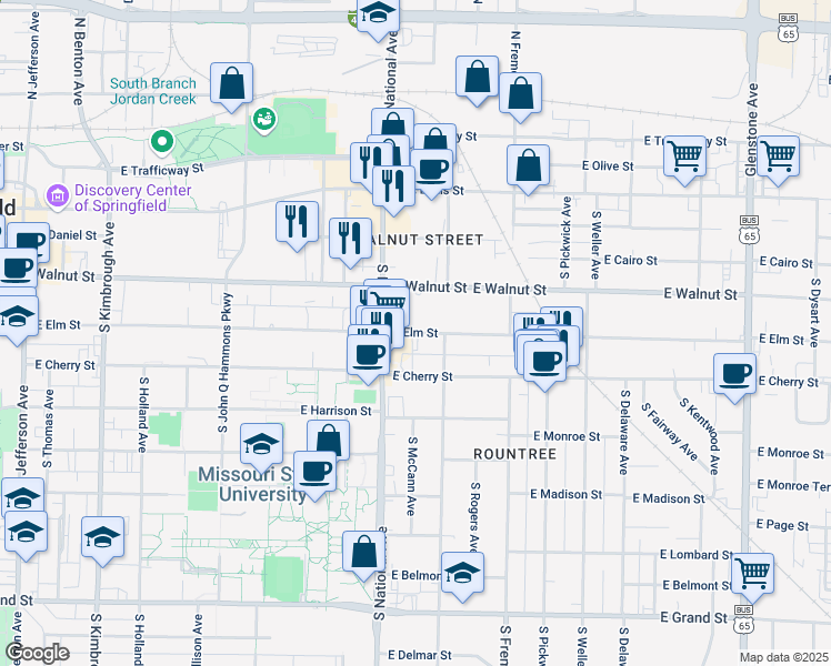 map of restaurants, bars, coffee shops, grocery stores, and more near 1244 East Elm Street in Springfield