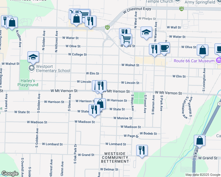 map of restaurants, bars, coffee shops, grocery stores, and more near 606 South Scenic Avenue in Springfield