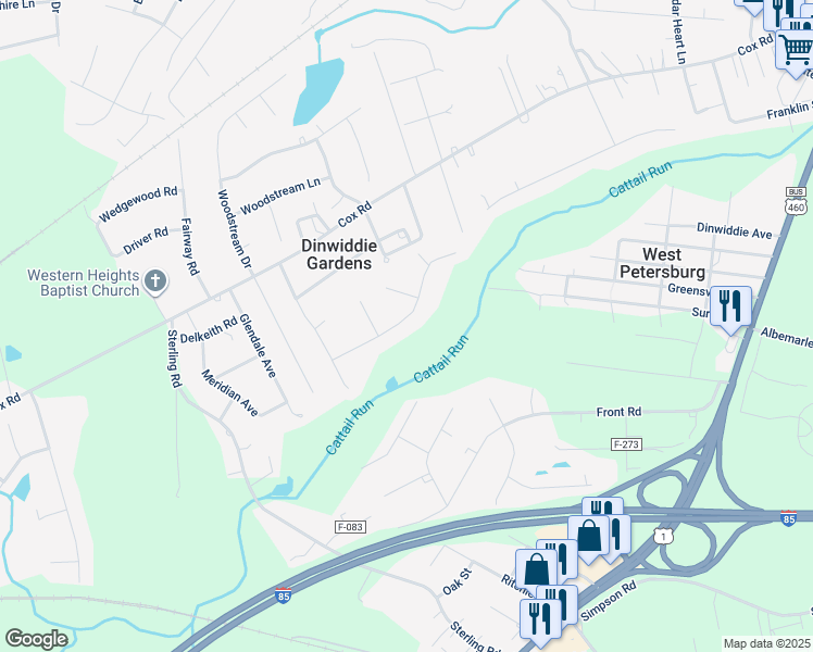 map of restaurants, bars, coffee shops, grocery stores, and more near 24913 Creek Lane in Petersburg