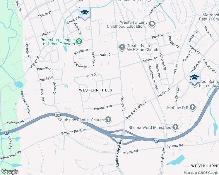 map of restaurants, bars, coffee shops, grocery stores, and more near 1513 Duke Drive in Petersburg