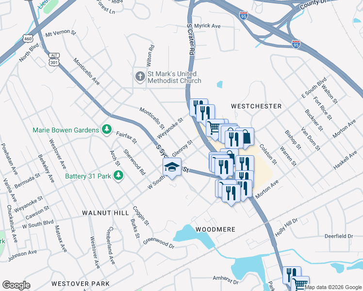 map of restaurants, bars, coffee shops, grocery stores, and more near 1880 Monticello Street in Petersburg