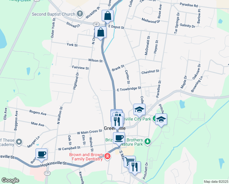 map of restaurants, bars, coffee shops, grocery stores, and more near 182 Main Street in Greenville