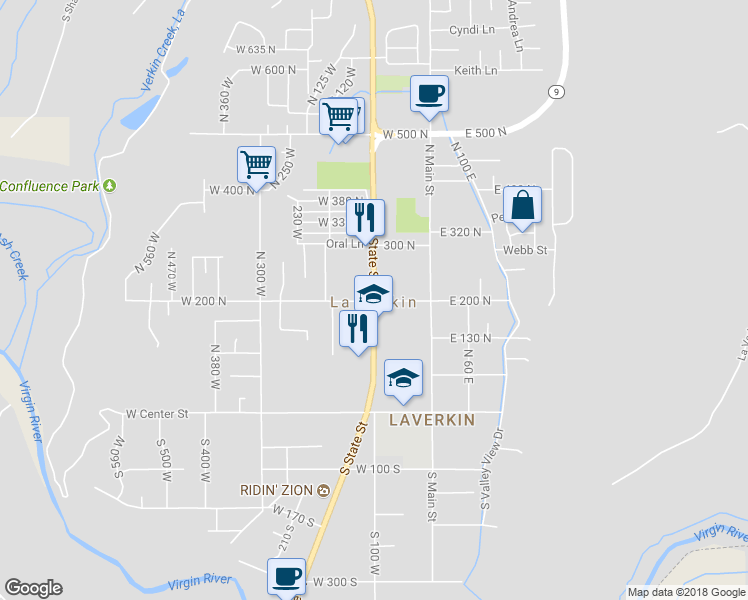 map of restaurants, bars, coffee shops, grocery stores, and more near 200 North State Street in La Verkin